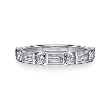 Billie - 14K White Gold Bezel Set Baguette and Round Diamond Anniversary Band