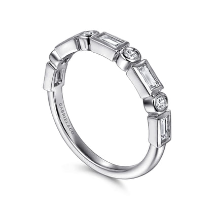 Billie - 14K White Gold Bezel Set Baguette and Round Diamond Anniversary Band