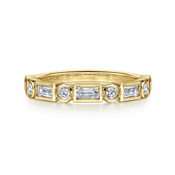 14K Yellow Gold Bezel Set Baguette and Round Diamond Anniversary Band