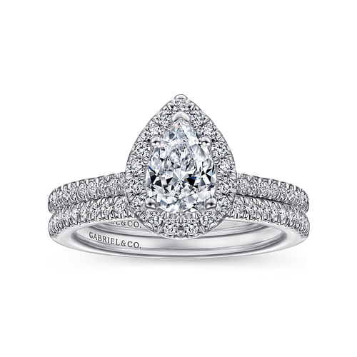 Blossom - 14K White Gold Pear Shape Halo Diamond Engagement Ring - 0.3 ct - Shot 4