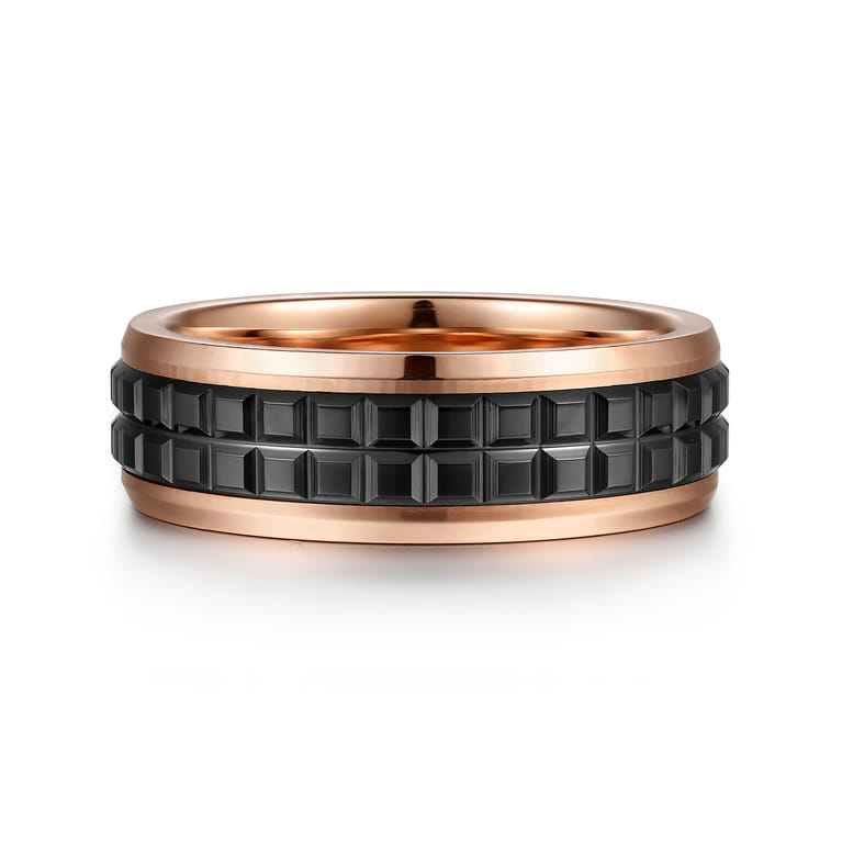 Brad - 14K Rose Gold-Black Ceramic 7mm - Two Tone Beveled Edge Men's Wedding Band - Shot 1