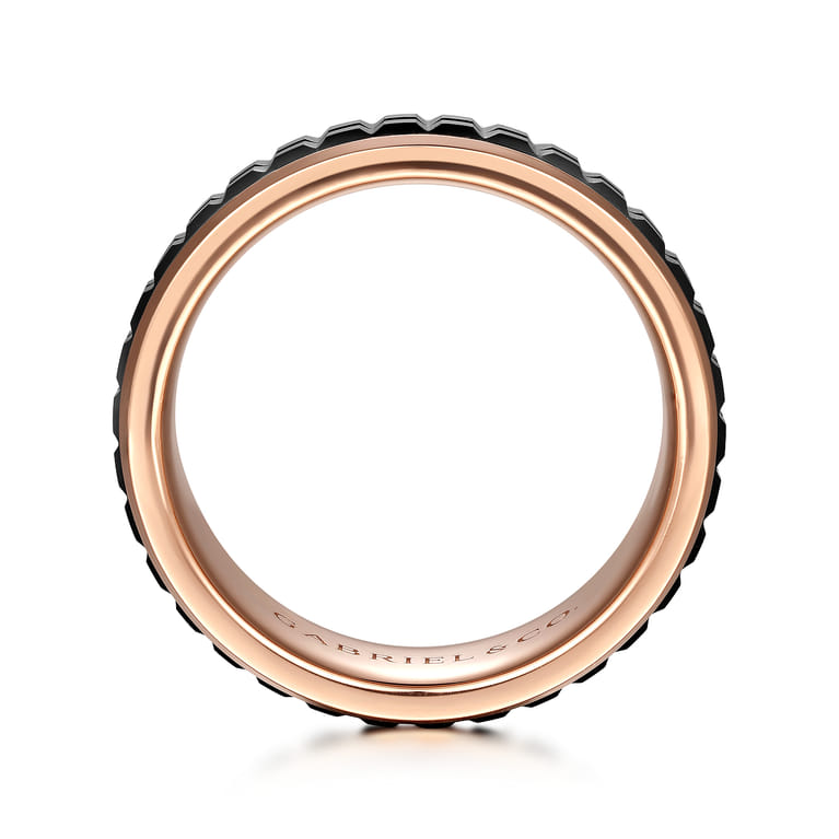 Brad - 14K Rose Gold-Black Ceramic 7mm - Two Tone Beveled Edge Men's Wedding Band - Shot 2