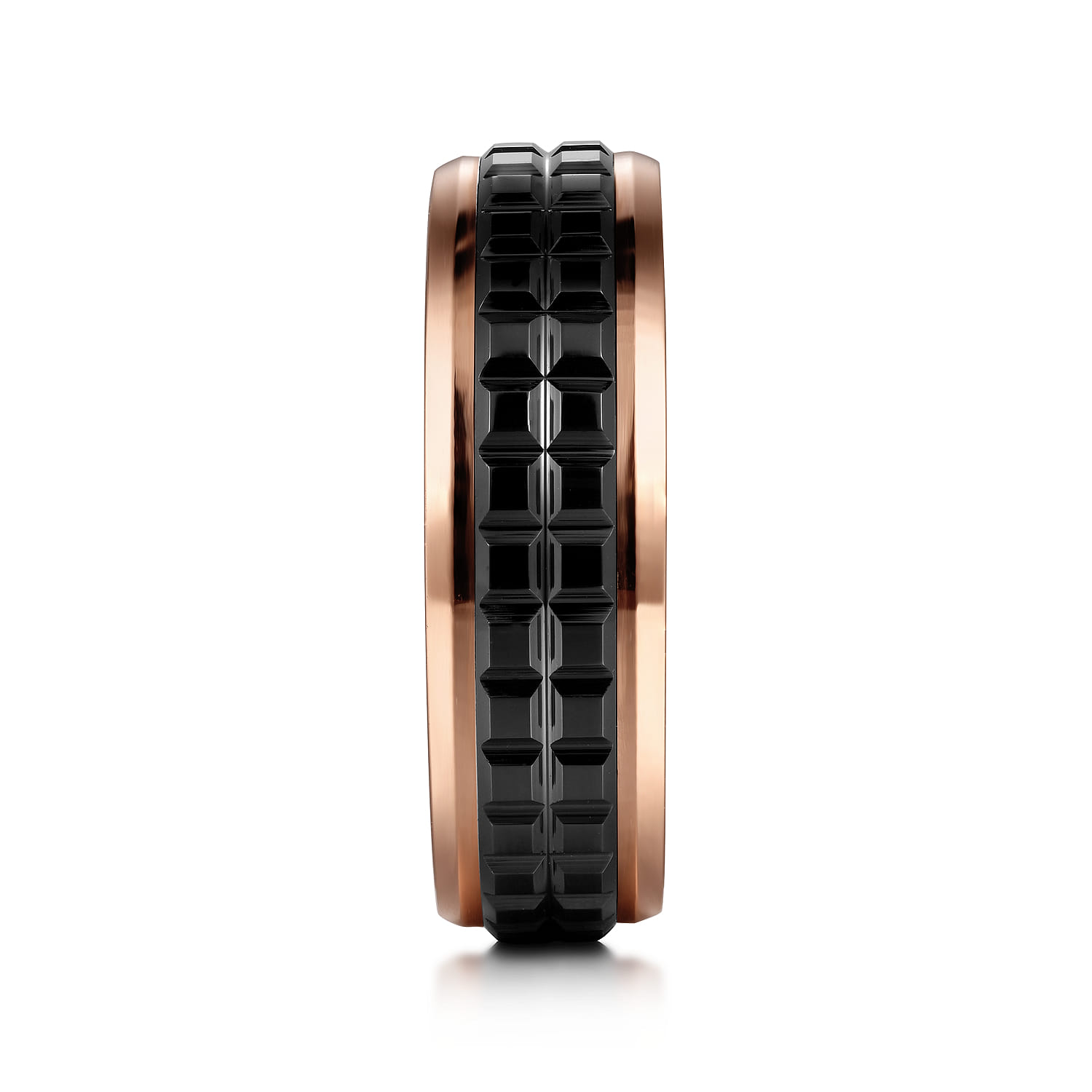 Brad - 14K Rose Gold-Black Ceramic 7mm - Two Tone Beveled Edge Men's Wedding Band - Shot 4
