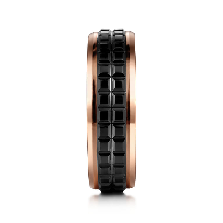 Brad - 14K Rose Gold-Black Ceramic 7mm - Two Tone Beveled Edge Men's Wedding Band - Shot 4