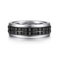 Brad - 14K White Gold-Black Ceramic 7mm - Two Tone Beveled Edge Men's Wedding Band