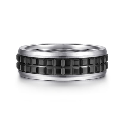 Brad - 14K White Gold-Black Ceramic 7mm - Two Tone Beveled Edge Men's Wedding Band