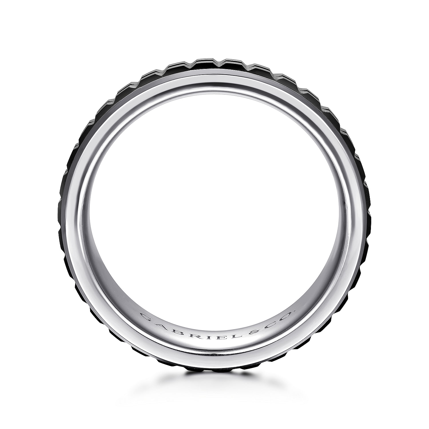 Brad - 14K White Gold-Black Ceramic 7mm - Two Tone Beveled Edge Men's Wedding Band - Shot 2