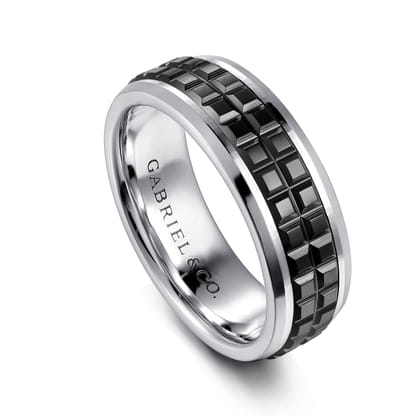Brad - 14K White Gold-Black Ceramic 7mm - Two Tone Beveled Edge Men's Wedding Band