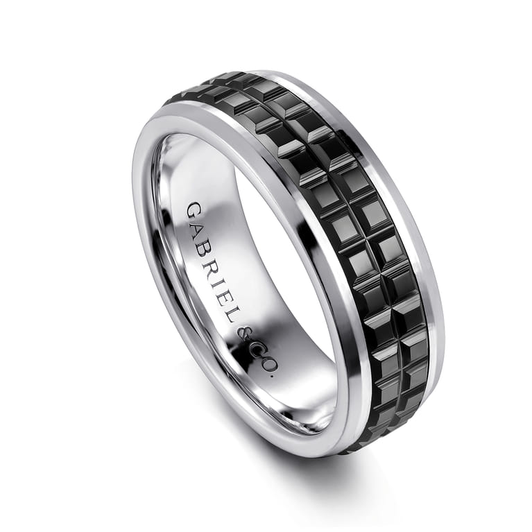 Brad - 14K White Gold-Black Ceramic 7mm - Two Tone Beveled Edge Men's Wedding Band - Shot 3