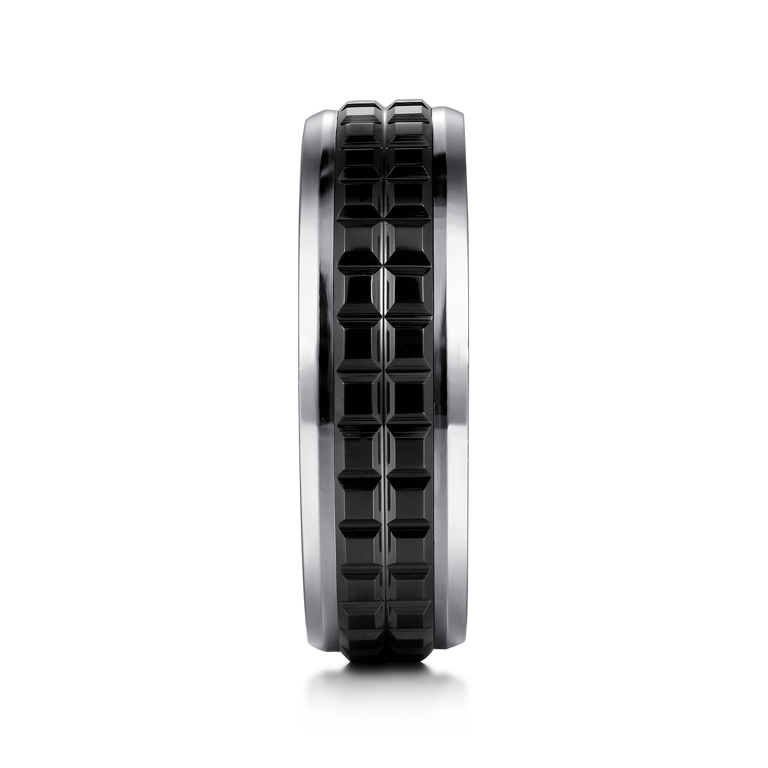 Brad - 14K White Gold-Black Ceramic 7mm - Two Tone Beveled Edge Men's Wedding Band - Shot 4