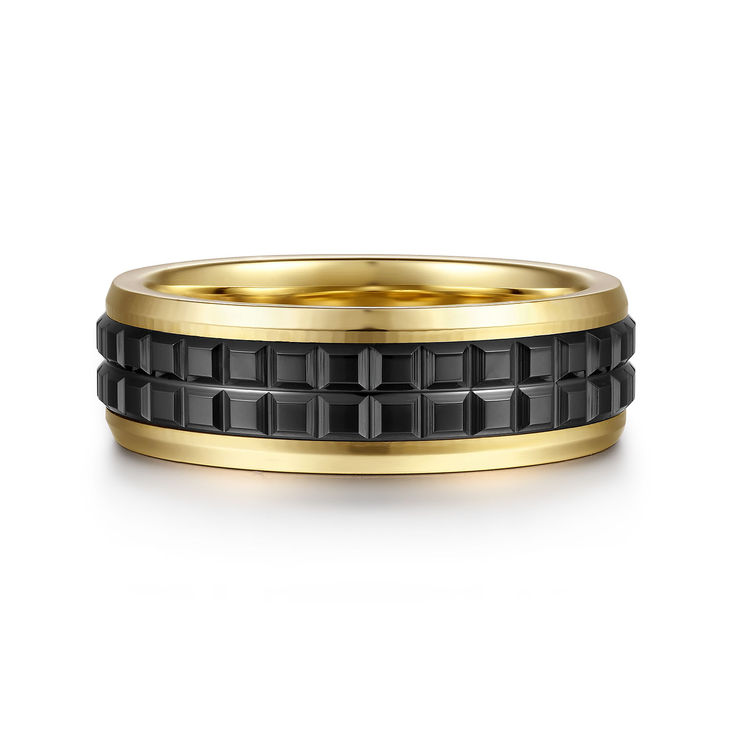Brad - 14K Yellow Gold-Black Ceramic 7mm - Two Tone Beveled Edge Men's Wedding Band - Shot 1