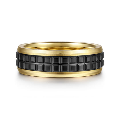 Brad - 14K Yellow Gold-Black Ceramic 7mm - Two Tone Beveled Edge Men's Wedding Band