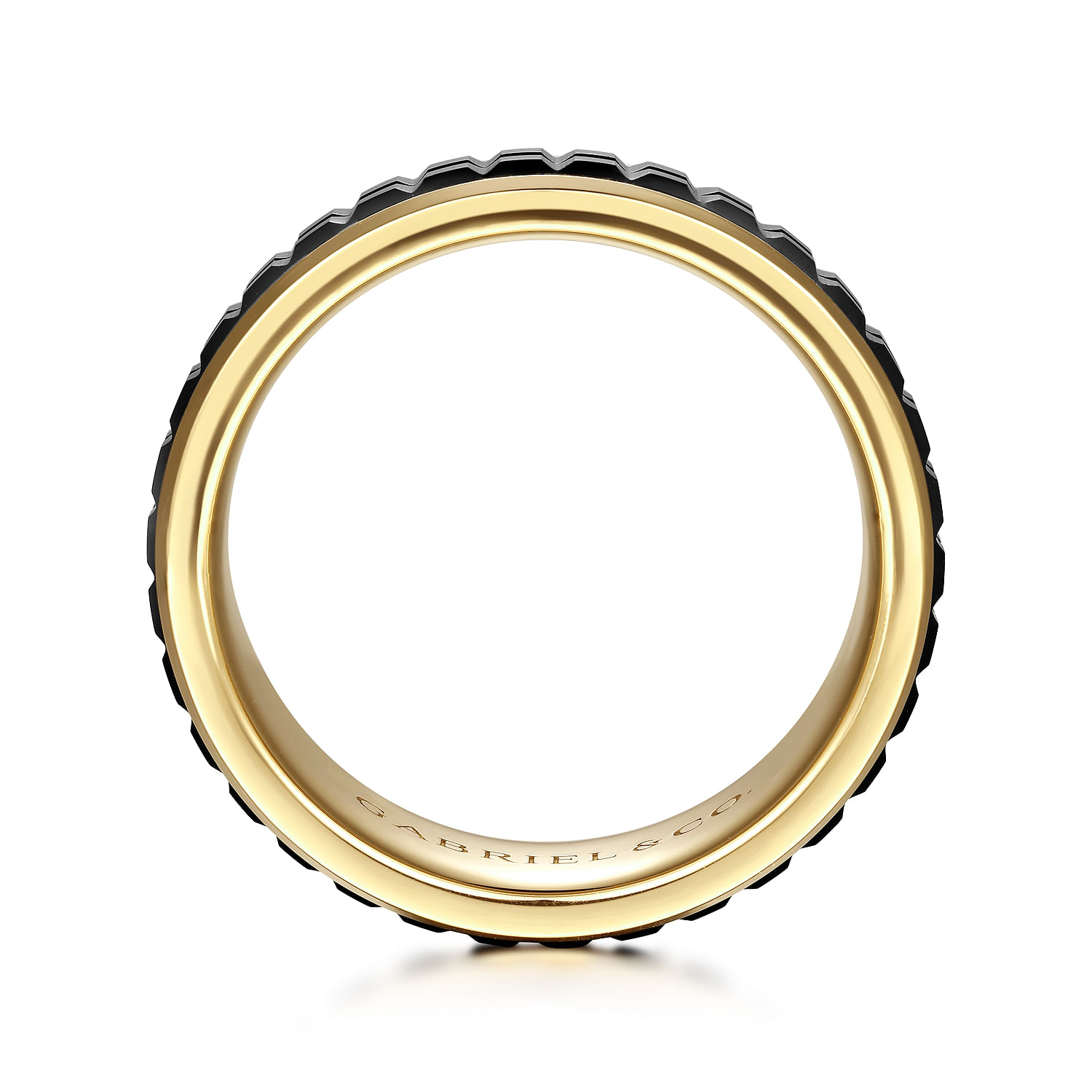 Brad - 14K Yellow Gold-Black Ceramic 7mm - Two Tone Beveled Edge Men's Wedding Band - Shot 2