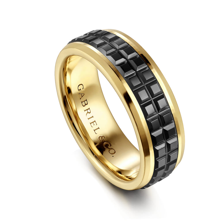 Brad - 14K Yellow Gold-Black Ceramic 7mm - Two Tone Beveled Edge Men's Wedding Band - Shot 3
