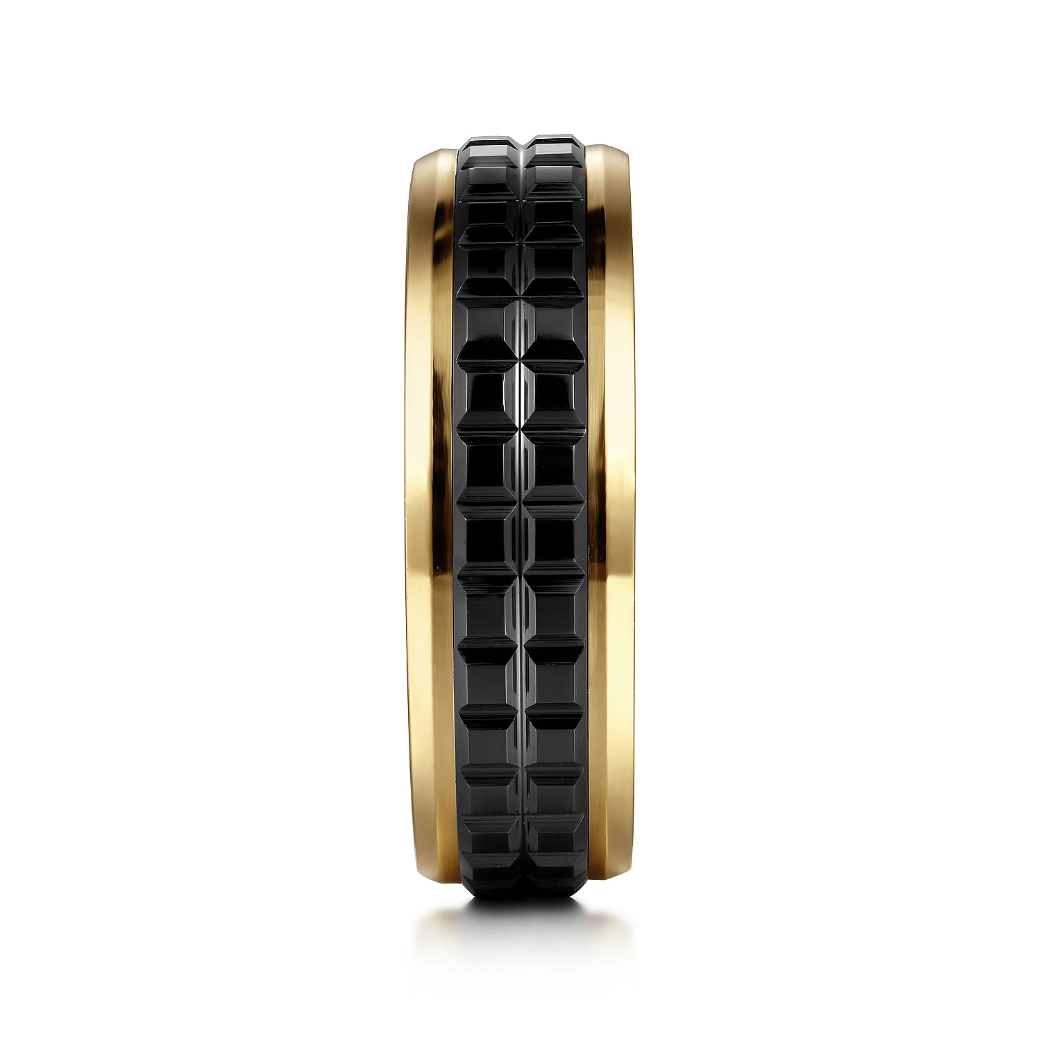 Brad - 14K Yellow Gold-Black Ceramic 7mm - Two Tone Beveled Edge Men's Wedding Band - Shot 4