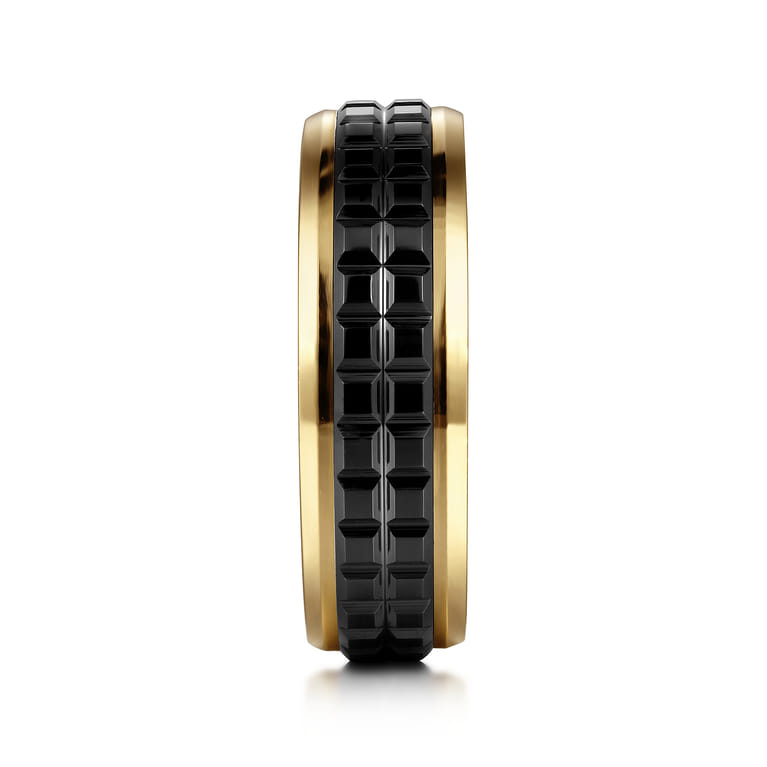 Brad - 14K Yellow Gold-Black Ceramic 7mm - Two Tone Beveled Edge Men's Wedding Band - Shot 4
