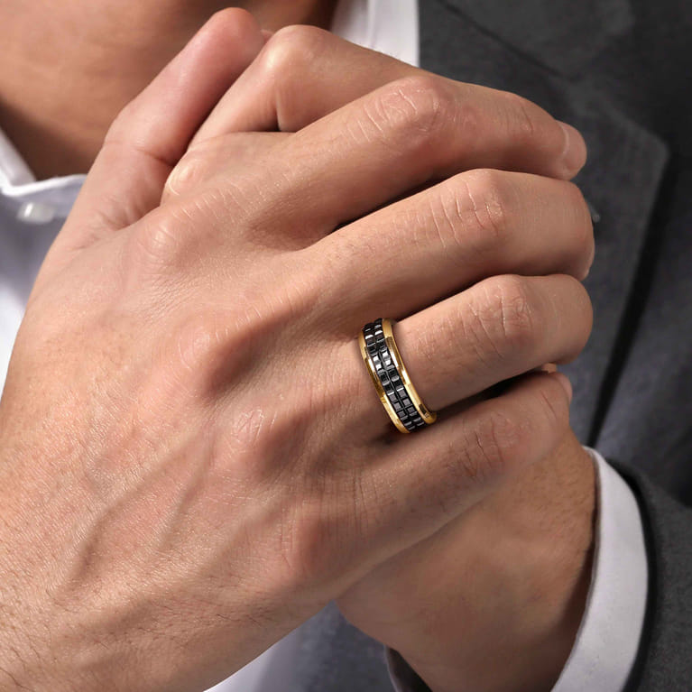 Brad - 14K Yellow Gold-Black Ceramic 7mm - Two Tone Beveled Edge Men's Wedding Band - Shot 5