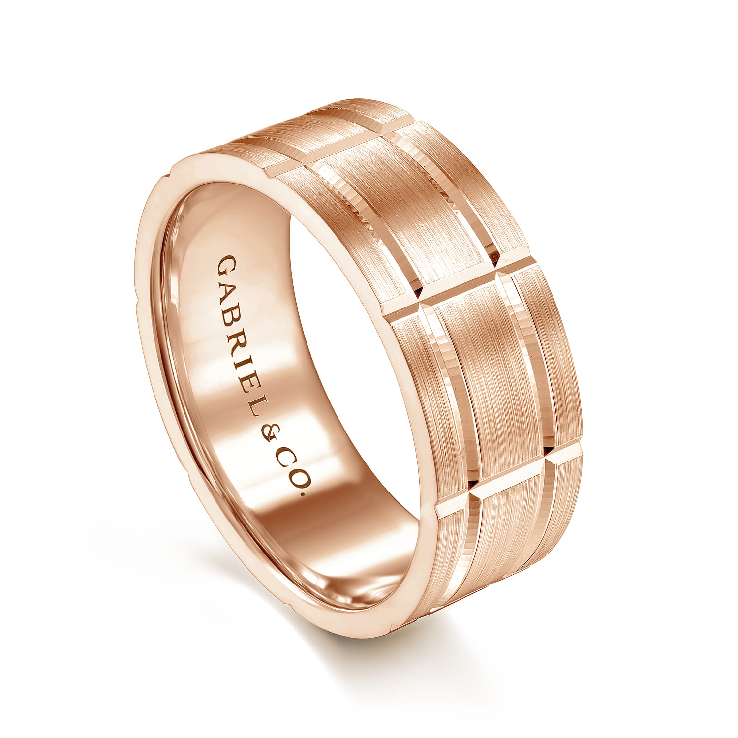 Brian - 14K Rose Gold 8mm - Checkered Pattern Men's Wedding Band in Satin Finish - Shot 3