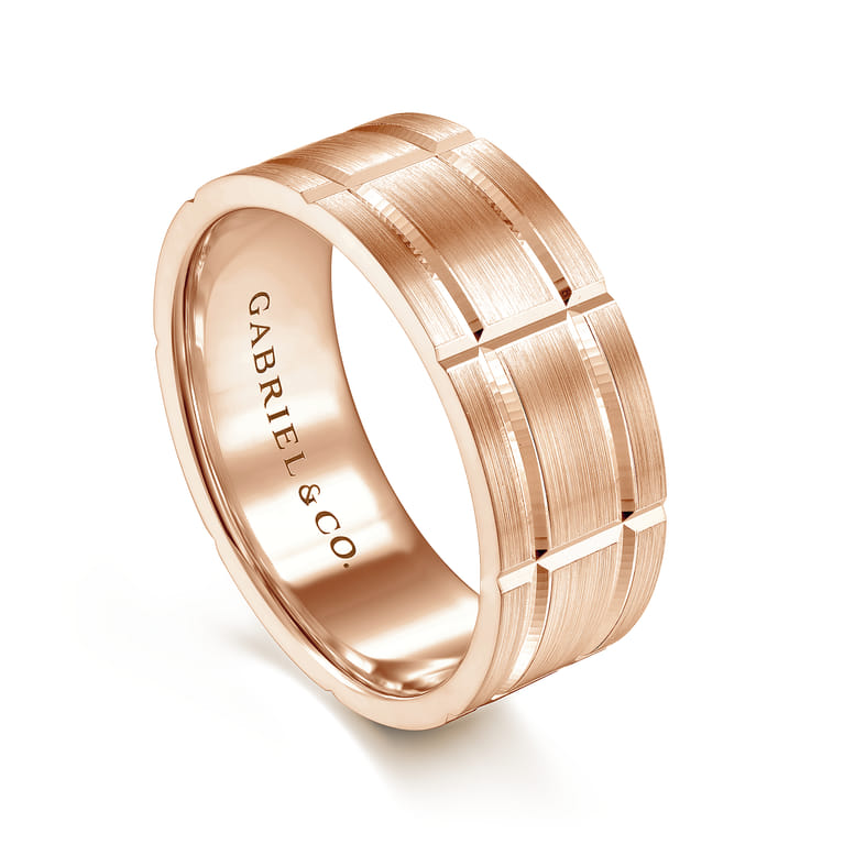 Brian - 14K Rose Gold 8mm - Checkered Pattern Men's Wedding Band in Satin Finish - Shot 3