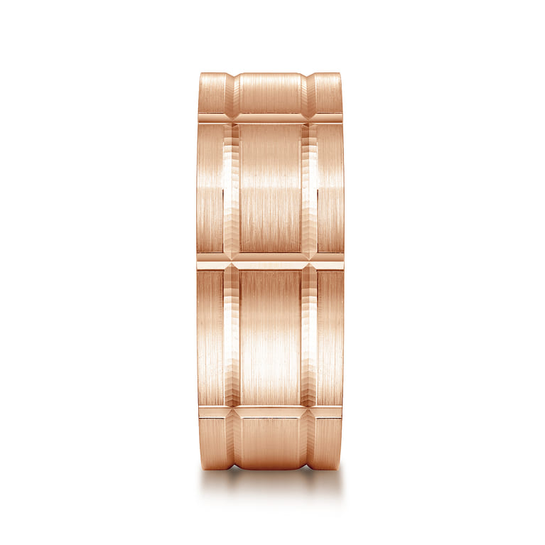 Brian - 14K Rose Gold 8mm - Checkered Pattern Men's Wedding Band in Satin Finish - Shot 4