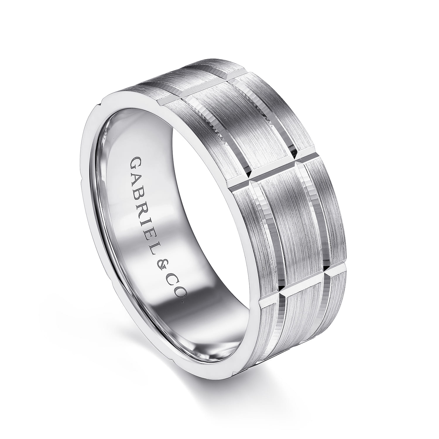 Brian - 14K White Gold 8mm - Checkered Pattern Men's Wedding Band in Satin Finish - Shot 3