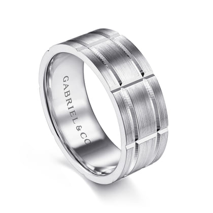 Brian - 14K White Gold 8mm - Checkered Pattern Men's Wedding Band in Satin Finish
