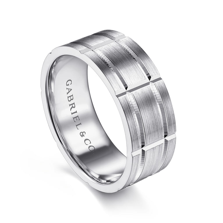 Brian - 14K White Gold 8mm - Checkered Pattern Men's Wedding Band in Satin Finish - Shot 3