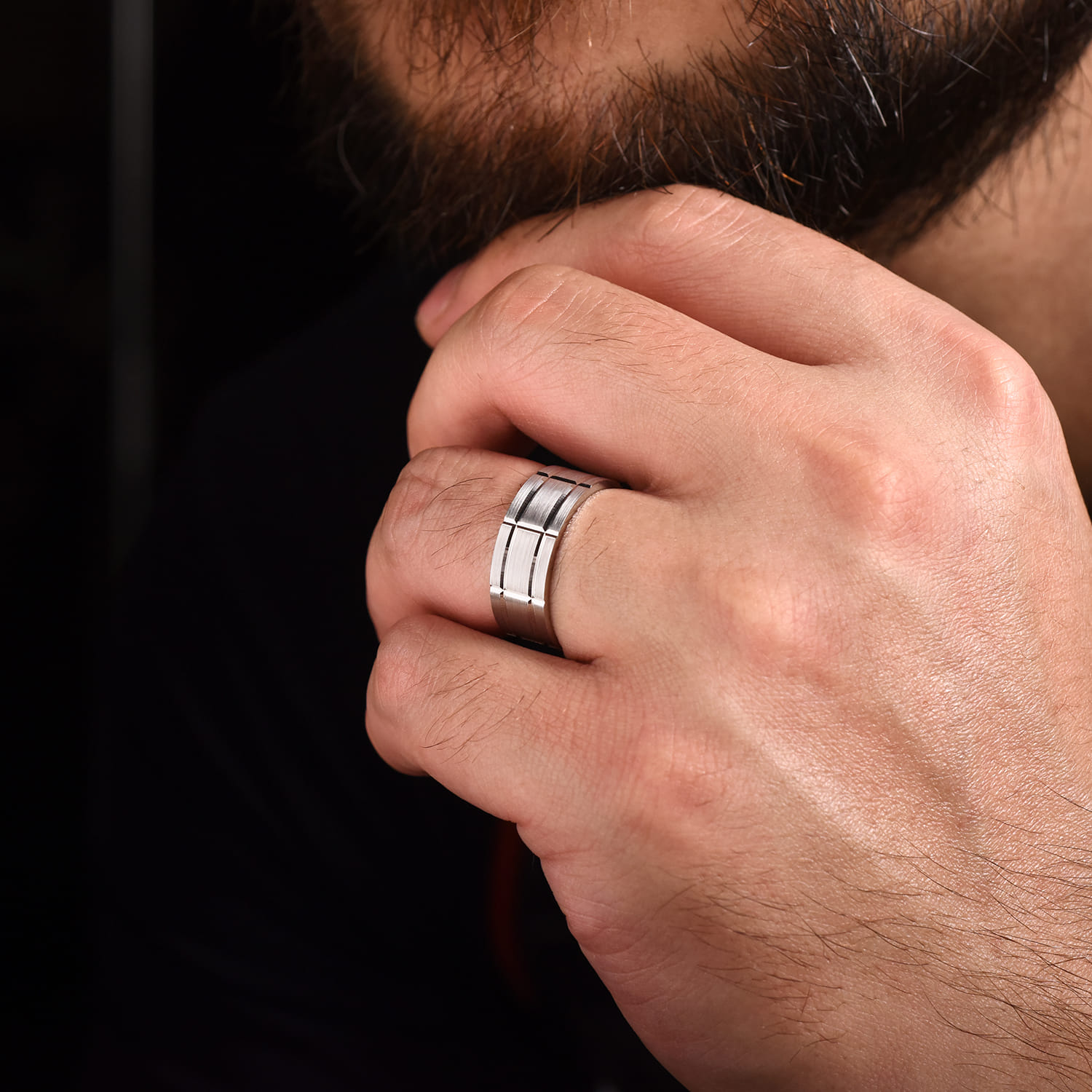 Brian - 14K White Gold 8mm - Checkered Pattern Men's Wedding Band in Satin Finish - Shot 5