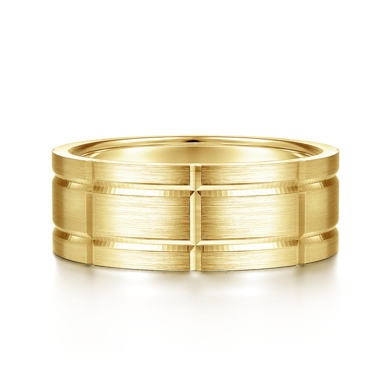 Brian - 14K Yellow Gold 8mm - Checkered Pattern Men's Wedding Band in Satin Finish - Shot 1