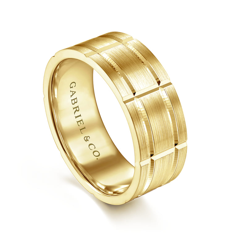 Brian - 14K Yellow Gold 8mm - Checkered Pattern Men's Wedding Band in Satin Finish - Shot 3