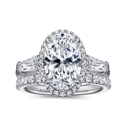 Briela - 14K White Gold Oval Cut Three Stone Halo Diamond Engagement Ring