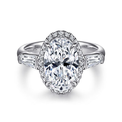 Briela - 18K White Gold Oval Cut Three Stone Halo Diamond Engagement Ring