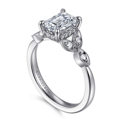 Brigida - Vintage Inspired 14K White Gold Emerald Cut Diamond Engagement Ring