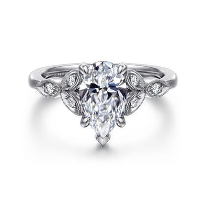 Brigida - Vintage Inspired 14K White Gold Pear Shape Diamond Engagement Ring