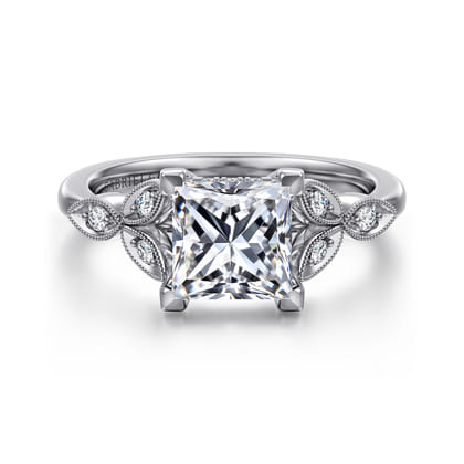 Brigida - Vintage Inspired 14K White Gold Princess Cut Diamond Engagement Ring