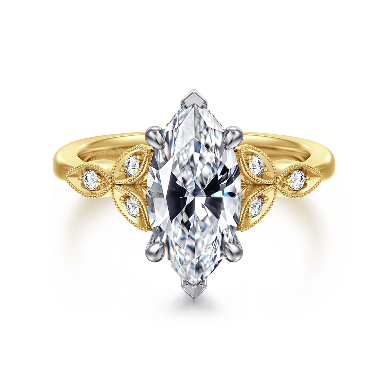 Brigida - Vintage Inspired 14K White-Yellow Gold Marquise Shape Diamond Engagement Ring