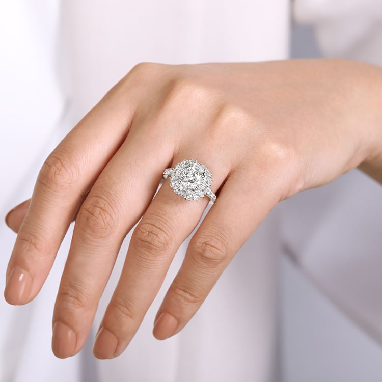 Brocade - 14K White Gold Cushion Double Halo Diamond Engagement Ring