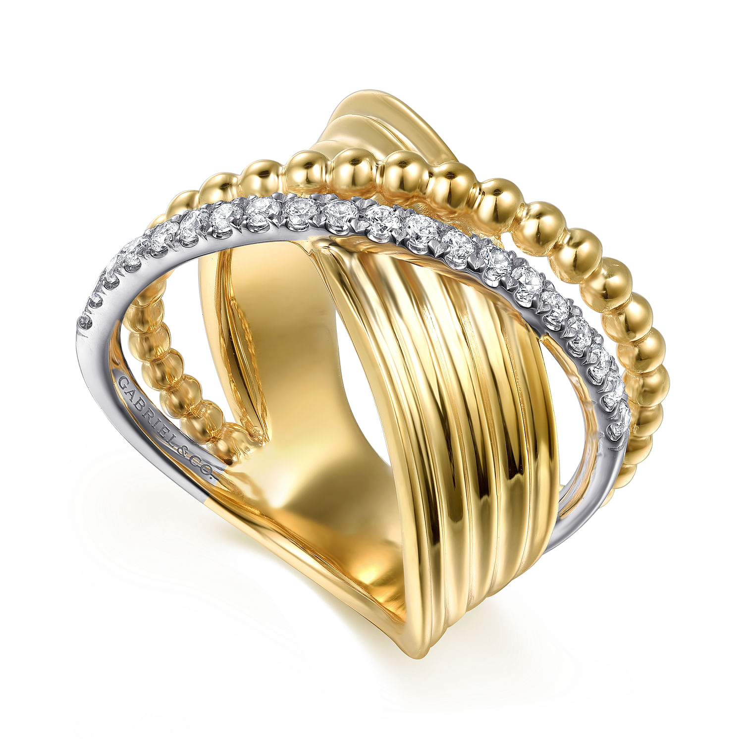 Bujukan Bold - 14K White  Yellow Gold Bujukan Diamond Criss Cross Ring