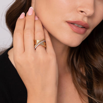 Bujukan Bold - 14K White  Yellow Gold Bujukan Diamond Criss Cross Ring