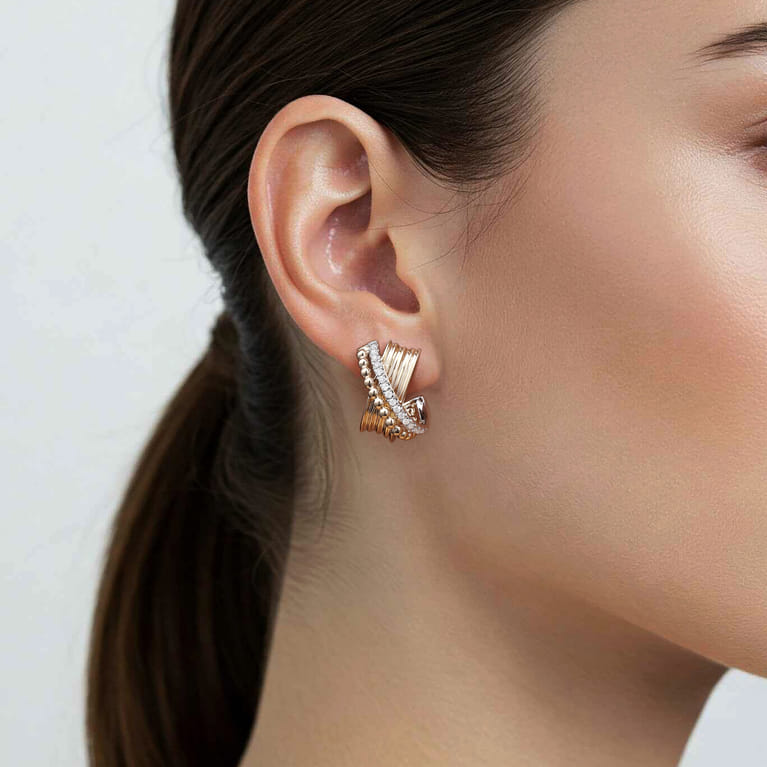 Bujukan Bold - 14K White  Yellow Gold Bujukan and Diamond Criss Cross J Hoop Earrings - 0.4 ct - Shot 3