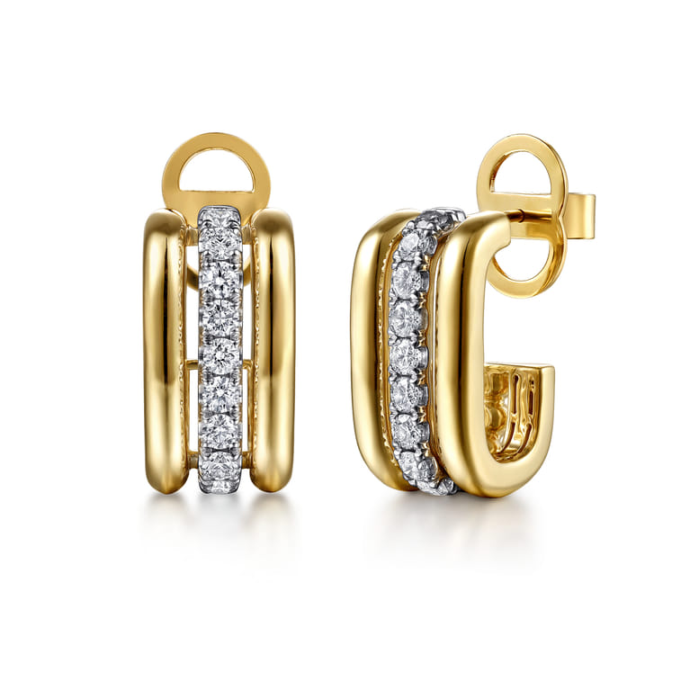 Bujukan Bold - 14K White  Yellow Gold Bujukan and Diamond J Hoop Stud Earrings - 1.05 ct - Shot 1
