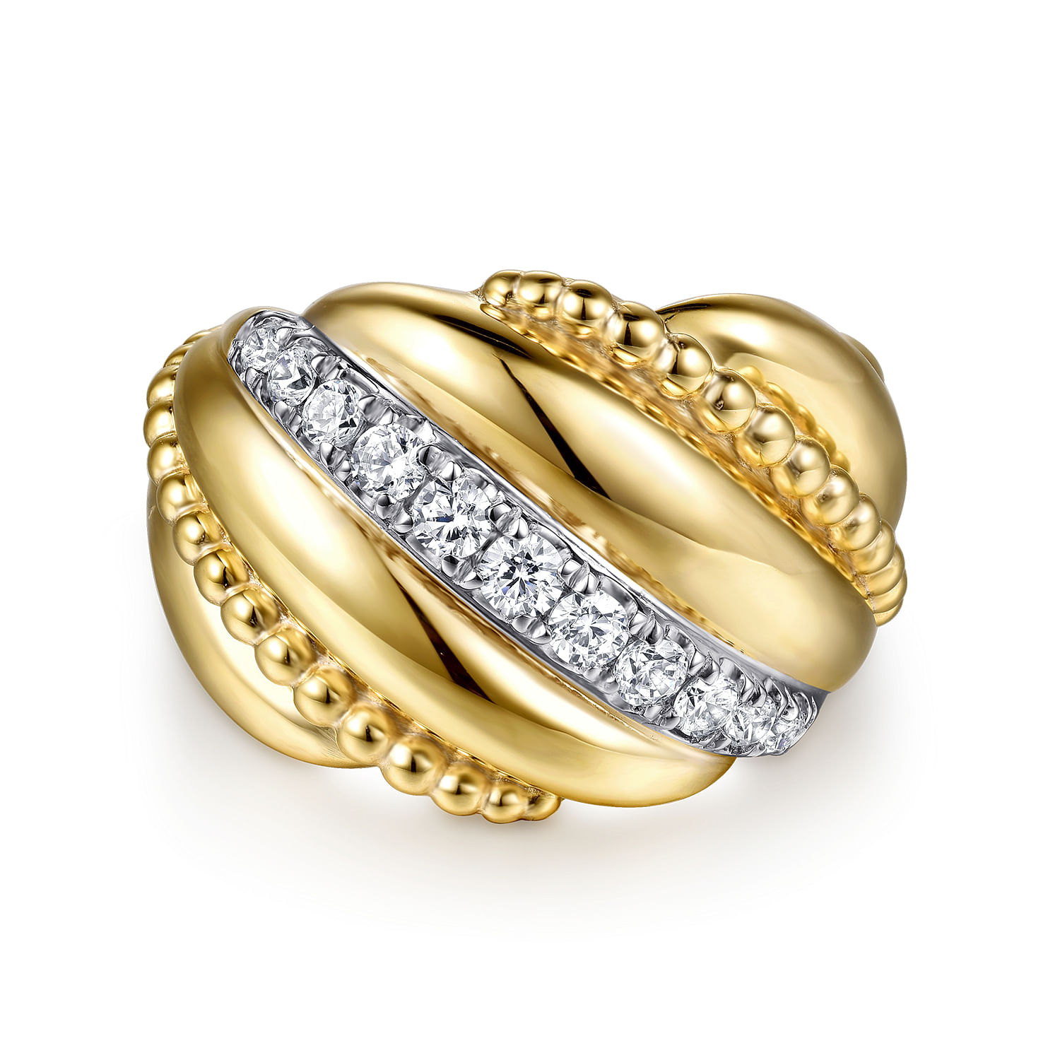 Bujukan Bold - 14K Yellow Gold Bujukan and Diamond Twisted Wide Band Ring