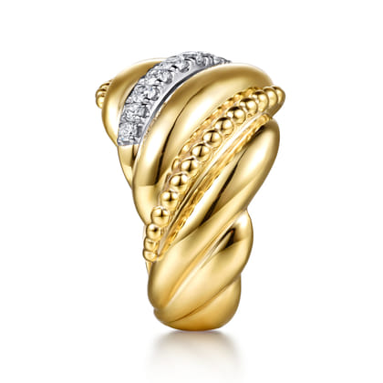 Bujukan Bold - 14K Yellow Gold Bujukan and Diamond Twisted Wide Band Ring