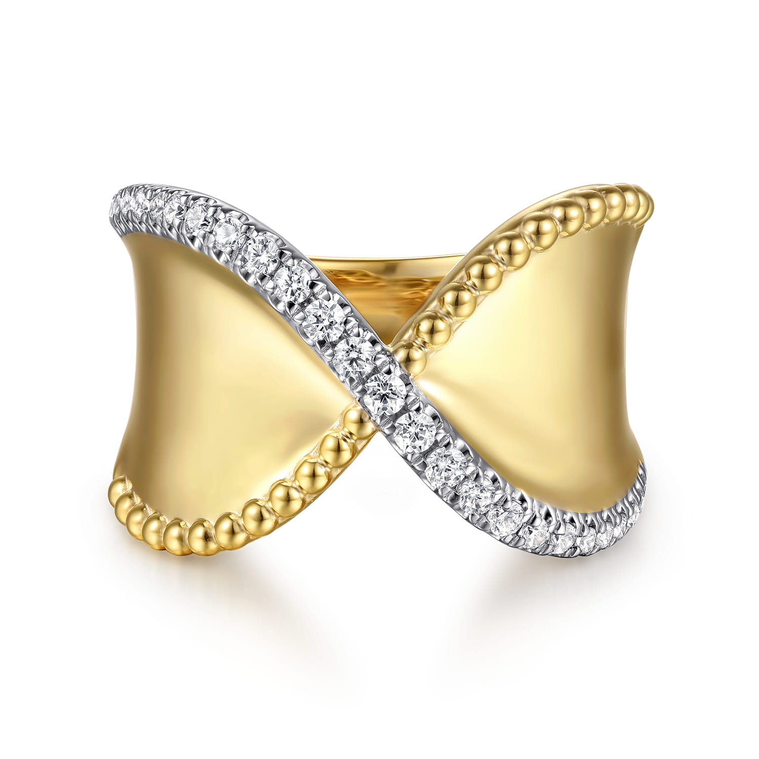 Bujukan Bold - 14K Yellow Gold Bujukan and Diamond Wide Band X Ring - 0.25 ct - Shot 1