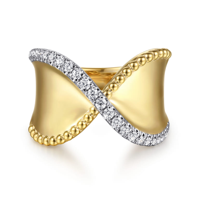 Bujukan Bold - 14K Yellow Gold Bujukan and Diamond Wide Band X Ring - 0.25 ct - Shot 1