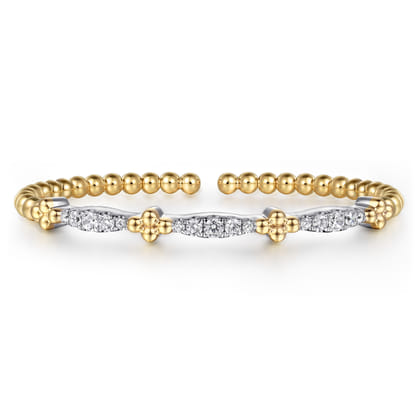 Bujukan Clover - 14K White  Yellow Gold Bujukan Clover and Diamond Marquise Split Bangle Bracelet