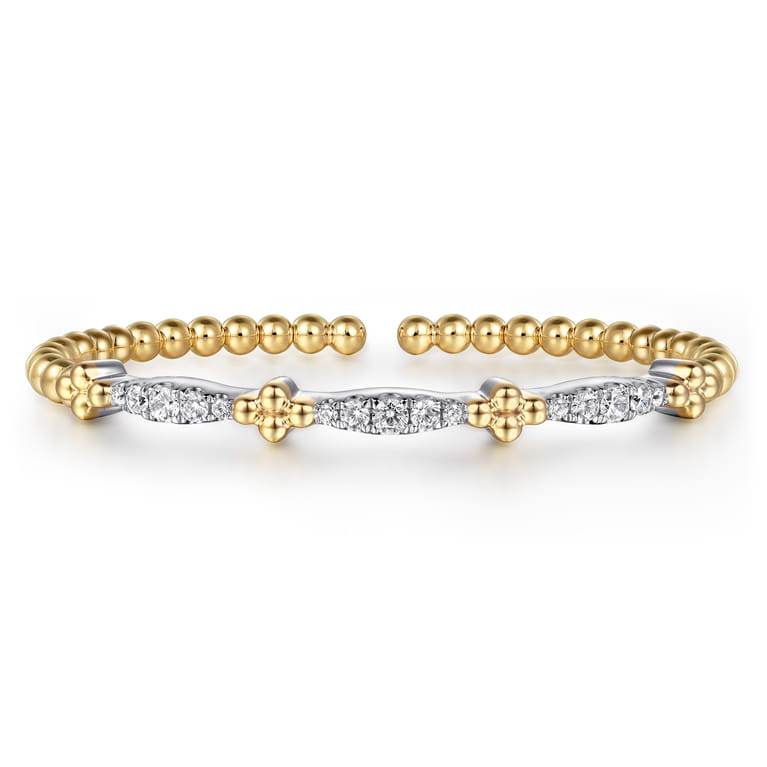 Bujukan Clover - 14K White  Yellow Gold Bujukan Clover and Diamond Marquise Split Bangle Bracelet - 0.75 ct - Shot 1
