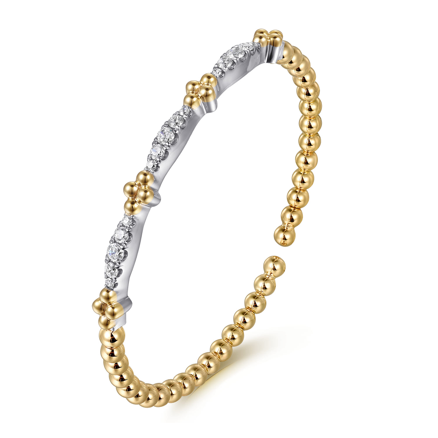 Bujukan Clover - 14K White  Yellow Gold Bujukan Clover and Diamond Marquise Split Bangle Bracelet - 0.75 ct - Shot 2