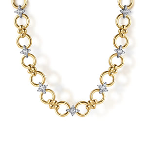 Bujukan Clover - 14K White  Yellow Gold Bujukan Diamond and Hollow Link Chain Necklace