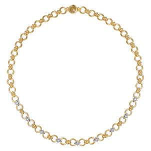 Bujukan Clover - 14K White  Yellow Gold Bujukan Diamond and Hollow Link Chain Necklace